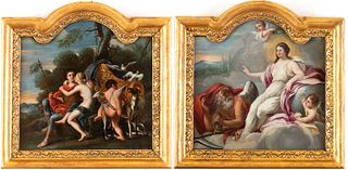 ROMAN SCHOOL, FIRST HALF OF THE 18th CENTURY - Venus and Adonis - Truth defeats Time, Couple of paintings (for night clock?)