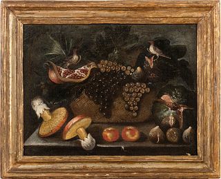 ROMAN SCHOOL, 17th CENTURY - Fruit basket with mushrooms and birds