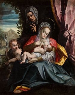 AMBIT OF GIROLAMO SICIOLANTE (Sermoneta, 1521- 1580 circa)  - Madonna with Child, young Saint John the Baptist and Saint Elizabeth 
