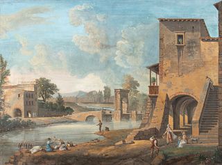 ROMAN SCHOOL, LATE 18th CENTURY - View with Ponte Milvio, fishermen and wayfarers