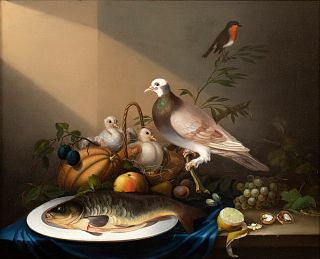 EUROPEAN SCHOOL, 19th CENTURY - Still life with fruit, pigeons and dish with fish