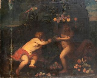 ROMAN SCHOOL, SECOND HALF OF THE 17th CENTURY - Game of putti in a landscape with parrot and fruit still life