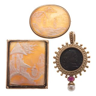 An Ancient Coin Pendant with Cameo Brooches