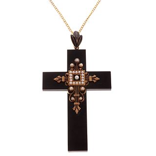 A Victorian Onyx Cross in 14K with Pearls