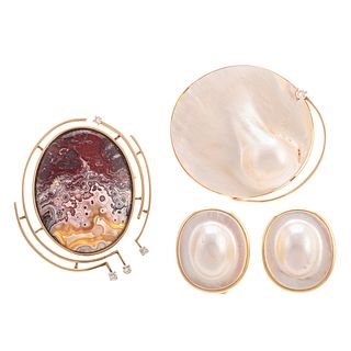 A 14K Blister Pearl Pendant Brooch with Earrings