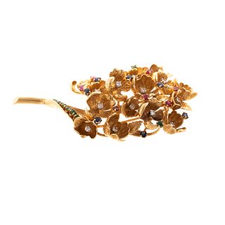 A Large Floral Bouquet Gemstone Brooch in 18K