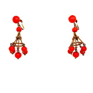 Victorian Coral Gilt Silver Earrings 