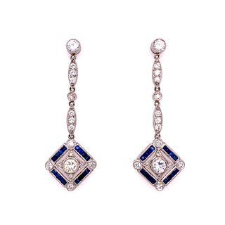 Art Deco Platinum Sapphire Diamond Earrings