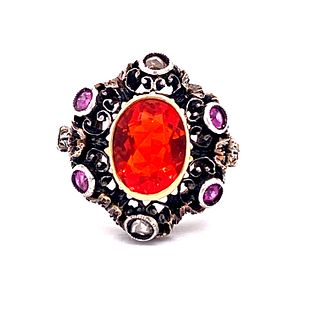 Victorian 18k Ruby Diamond Orange Stone Ring