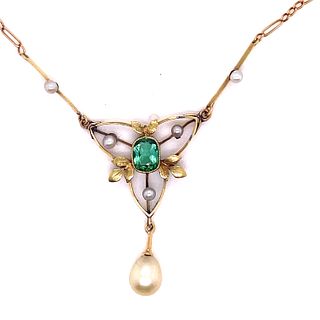 Art Nouveau 18k Peridot Pearl Pendant 