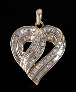 10K Channel Set Baguette Diamond Heart Pendant