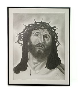 Mixed Media Christ with Crown of Thorns, Signed