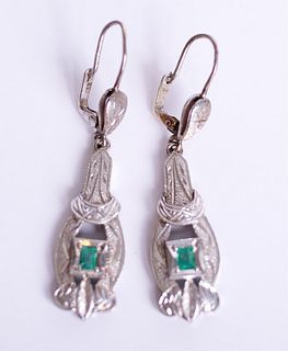 Vintage 18K White Gold Emerald Drop Earrings