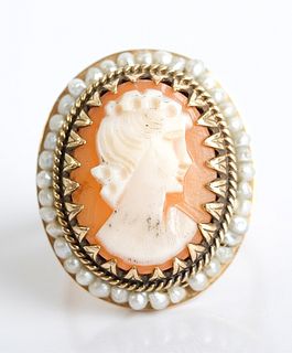 Antique 14K Yellow Gold Pearl & Cameo Ring