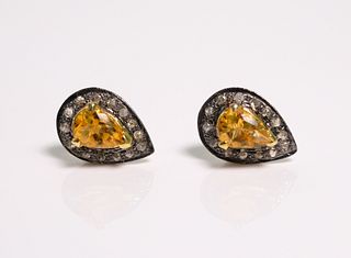 Pair, 925 & Citrine Earrings with White Diamonds