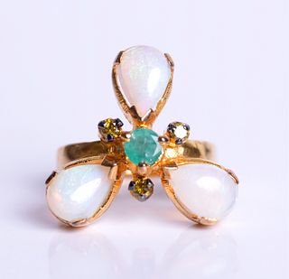 Opal, Emerald & Yellow Diamond Gold Ring