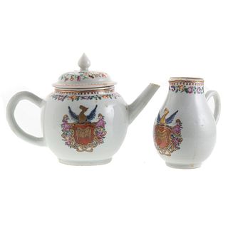 Chinese Export Armorial Teapot & Creamer