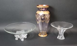 2 Steuben Glass Centerpieces & A Moser ? Vase
