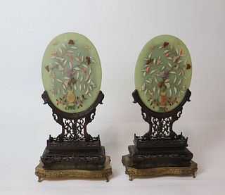2 Vintage Jade Discs With Hard Stone Decoration