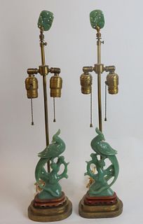 Vintage Pair Of Jade Bird Form Lamps With Jade