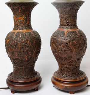 Pair of Antique Cinnabar Lamps.