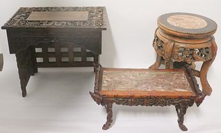 3 Chinese Tables Including A Carved Fold Up.