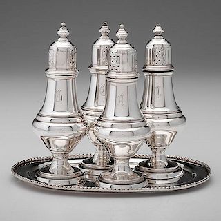 Georgian-style Sterling Salt and Pepper Shakers and Tray 