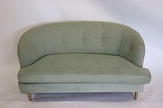 Midcentury Upholstered Demilune Settee with Brass