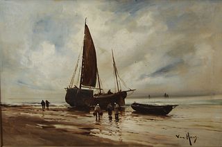 Van Hous Signed Oil On Canvas Stranded Ship.