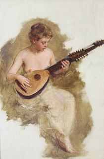 Unsigned Oil On Canvas Boy Playing Mandolin.