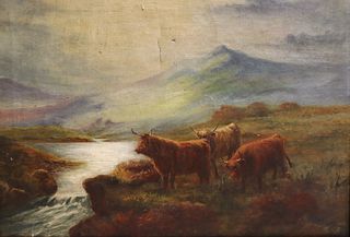 Illegibly Signed Oil On Canvas Highland Cows.