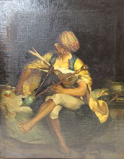 Unsigned Oil On Canvas Musician In Turban.