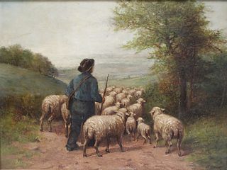 Illegibly Signed Oil On Canvas Sheep Herder.