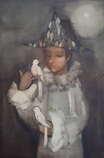 ILLEGIBLY Signed Oil On Canvas Boy With Doves.