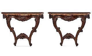 French Regence Console Tables with Breche Marble Tops 