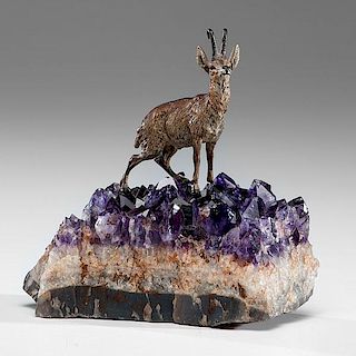 Cold Painted Austrian Bronze Ibex on Amethyst Base 