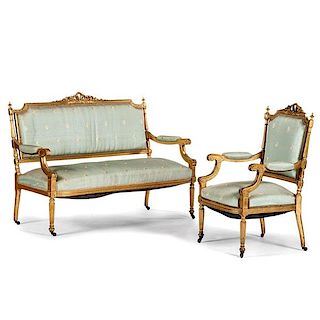 Louis XVI-style Giltwood Settee and Armchair 
