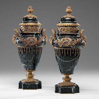 Pair of Black Marble Classical Urns 