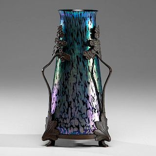 Jugendstil Glass and Bronze-Mounted Vase in the Style of Loetz 