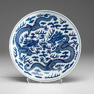 Chinese Guangxu Blue and White Dragon Charger 