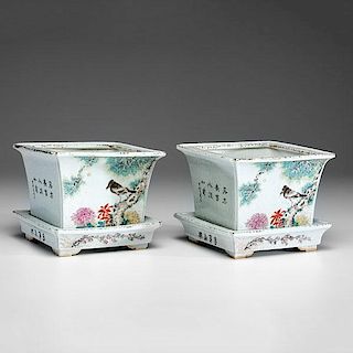 Pair of Chinese Porcelain Planters with Saucers 