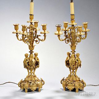 Pair of Gilt-bronze Figural Five-light Candelabra