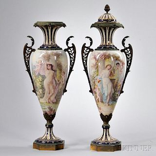 Pair of Bronze-mounted Sevres-style Vases and Covers