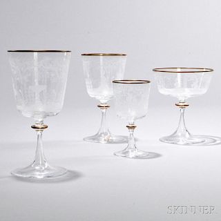 Thirty-one Pieces of Etched and Gilded Stemware