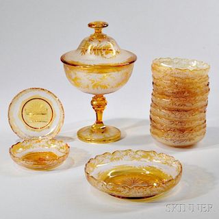 Sixteen Bohemian Amber Glass Tableware Items