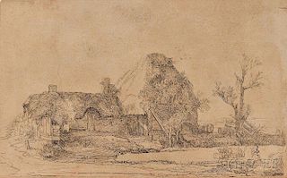 After Rembrandt van Rijn (Dutch, 1606-1669)      Cottages and Farm Building with a Man Sketching