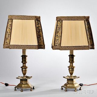Pair of English Brass Candlestick Lamps