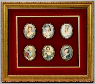 Framed Collection of Six Hand-painted Portraits