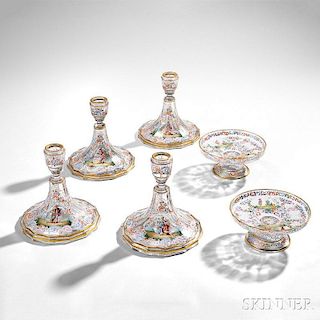 Six Pieces of Lobmeyr Parcel-gilt and Polychrome-enameled Glass Tableware