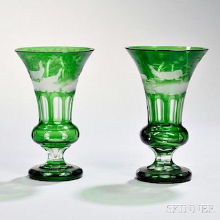 Two Bohemian Green-to-clear Cut Glass Vases